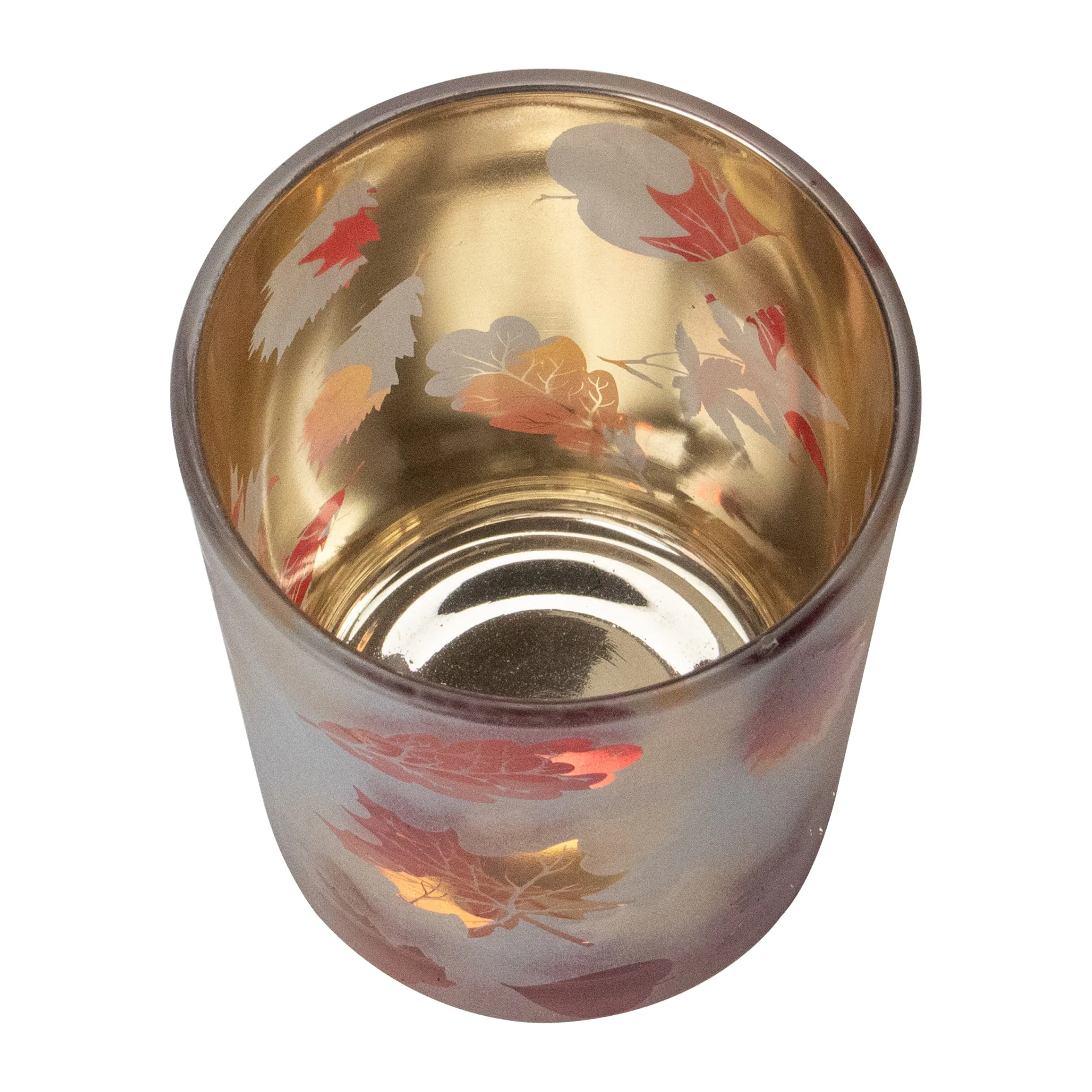 Northlight 5" Matte White And Gold Autumn Leaves Flameless Glass Candle Holder