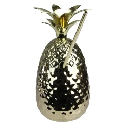 Avon 7" Metallic Gold Pineapple Tumbler Summer Cup With Straw