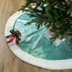 48 Inch And Smaller*Northlight 47" Mint Green Sequins Christmas Tree Skirt With White High Pile Fleece Fur Trim