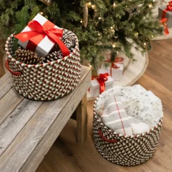 Decoration Storage*Colonial Mills 14" Multicolored Round Braided Holiday Basket With Red Handles