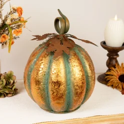 Northlight 13" Orange And Gold Autumn Pumpkin Metal Tabletop Decoration