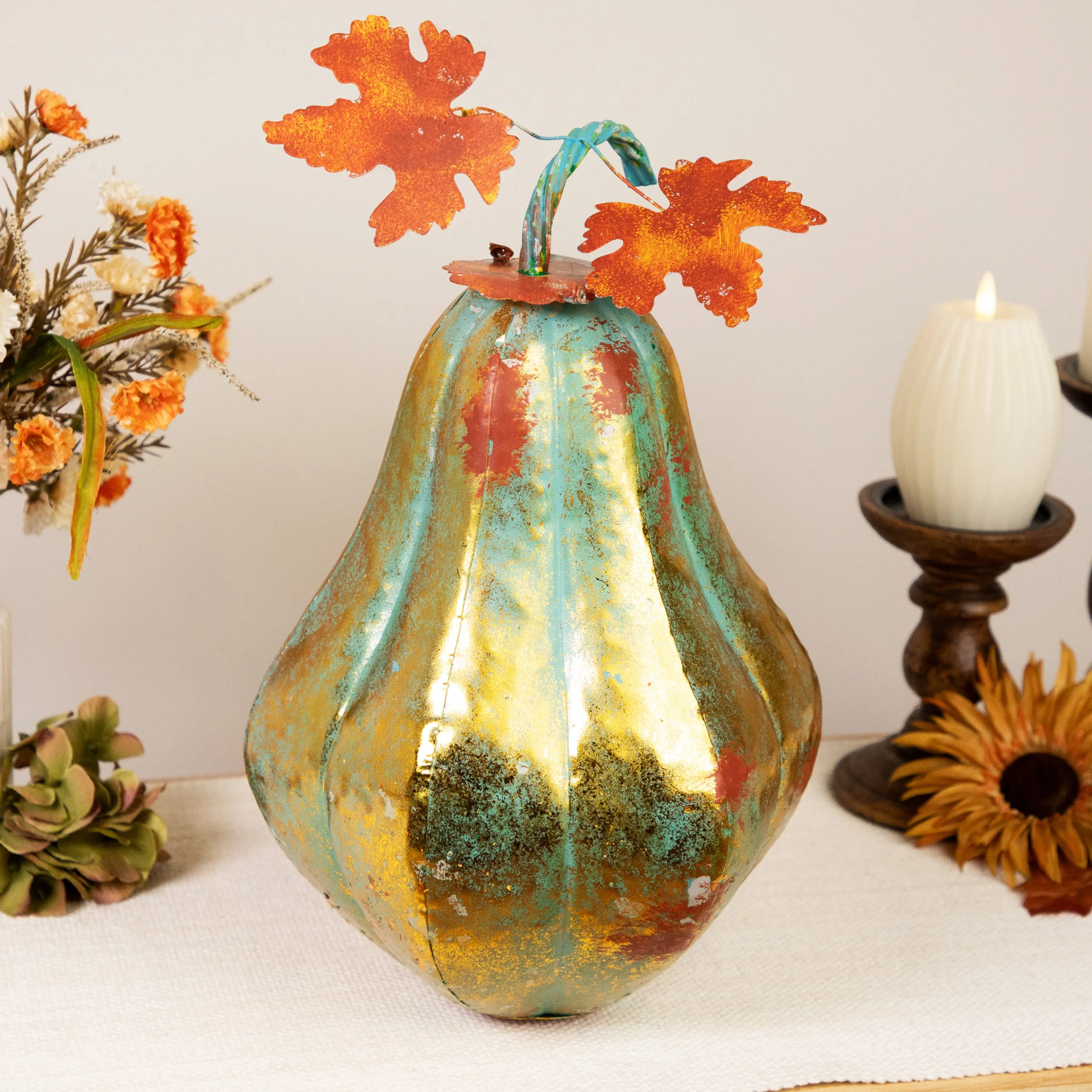 Northlight 14" Orange And Gold Elongated Autumn Pumpkin Metal Tabletop Decoration