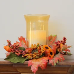 Northlight 16" Orange And Red Sunflower With Pumpkin Fall Pillar Candle Holder