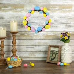 Northlight 10" Pastel Pink, Yellow And Blue Floral Stem Easter Egg Spring Grapevine Wreath