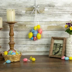 Northlight 11.75" Pastel Yellow, Blue And Pink Floral Striped Spring Easter Egg Cluster Hanging Decoration