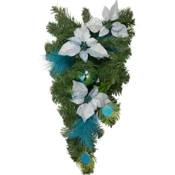 Unlit Teardrops*Northlight 22" Peacock Feather And Poinsettia Artificial Christmas Teardrop Swag, Unlit