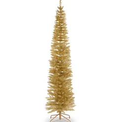 National Tree Company Gold Trees>7' Pencil Champagne Gold Tinsel Artificial Christmas Tree, Unlit