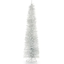 National Tree Company Silver Trees>7' Pencil Silver Tinsel Artificial Christmas Tree, Unlit