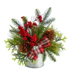 Floral*Nearly Natural 12" Pine Cones And Berries Artificial Christmas Arrangement In Decorative Vase
