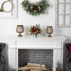 Floral*Nearly Natural 12" Pine Cones And Berries Artificial Christmas Arrangement In Decorative Vase