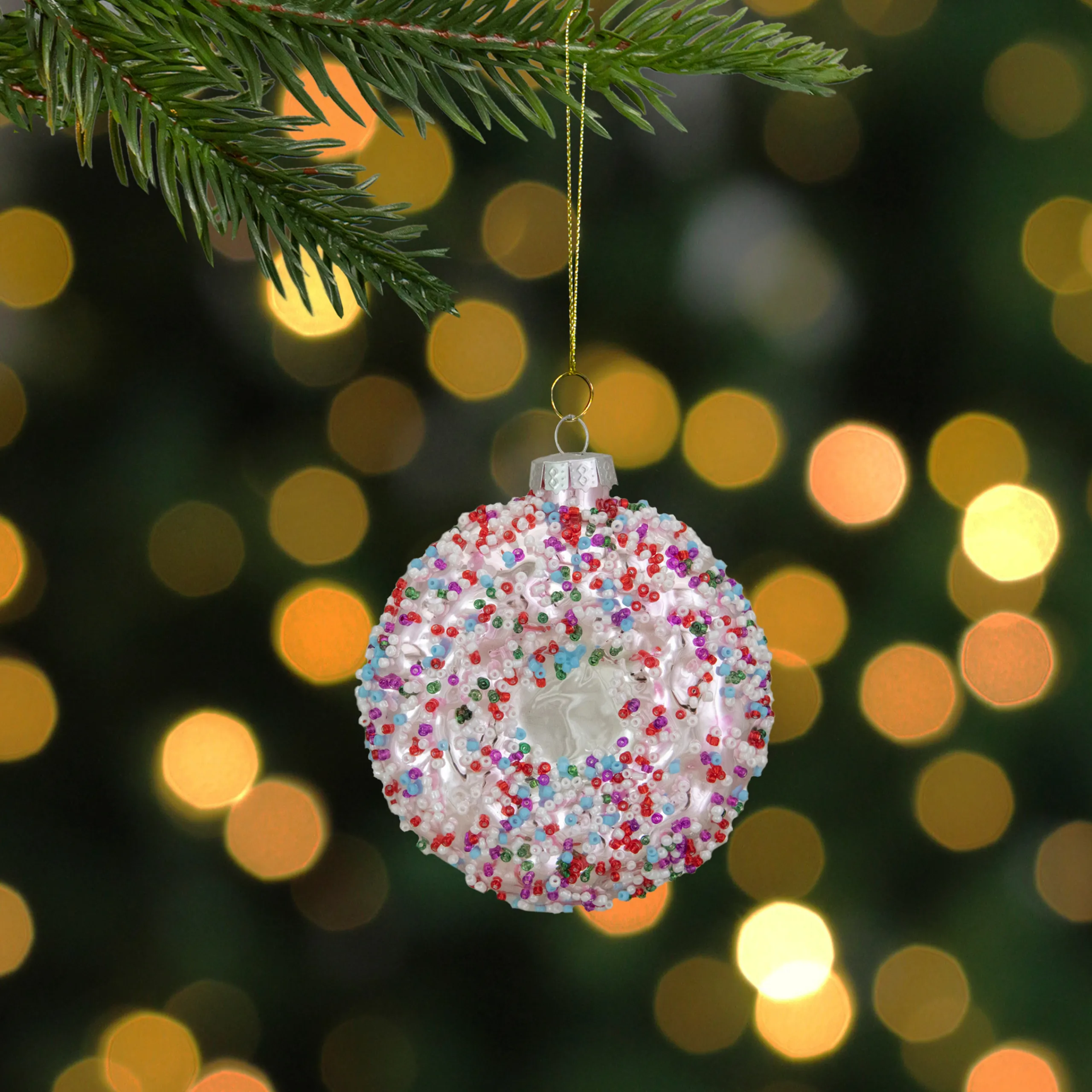 Northlight Food & Beverage>3.75" Pink Doughnut With Sprinkles Glass Christmas Ornament