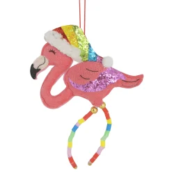 Northlight Animals>7.5" Pink Plush Flamingo With Rainbow Santa Hat Christmas Ornament