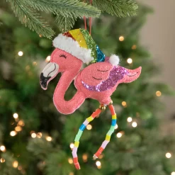 Northlight Animals>7.5" Pink Plush Flamingo With Rainbow Santa Hat Christmas Ornament