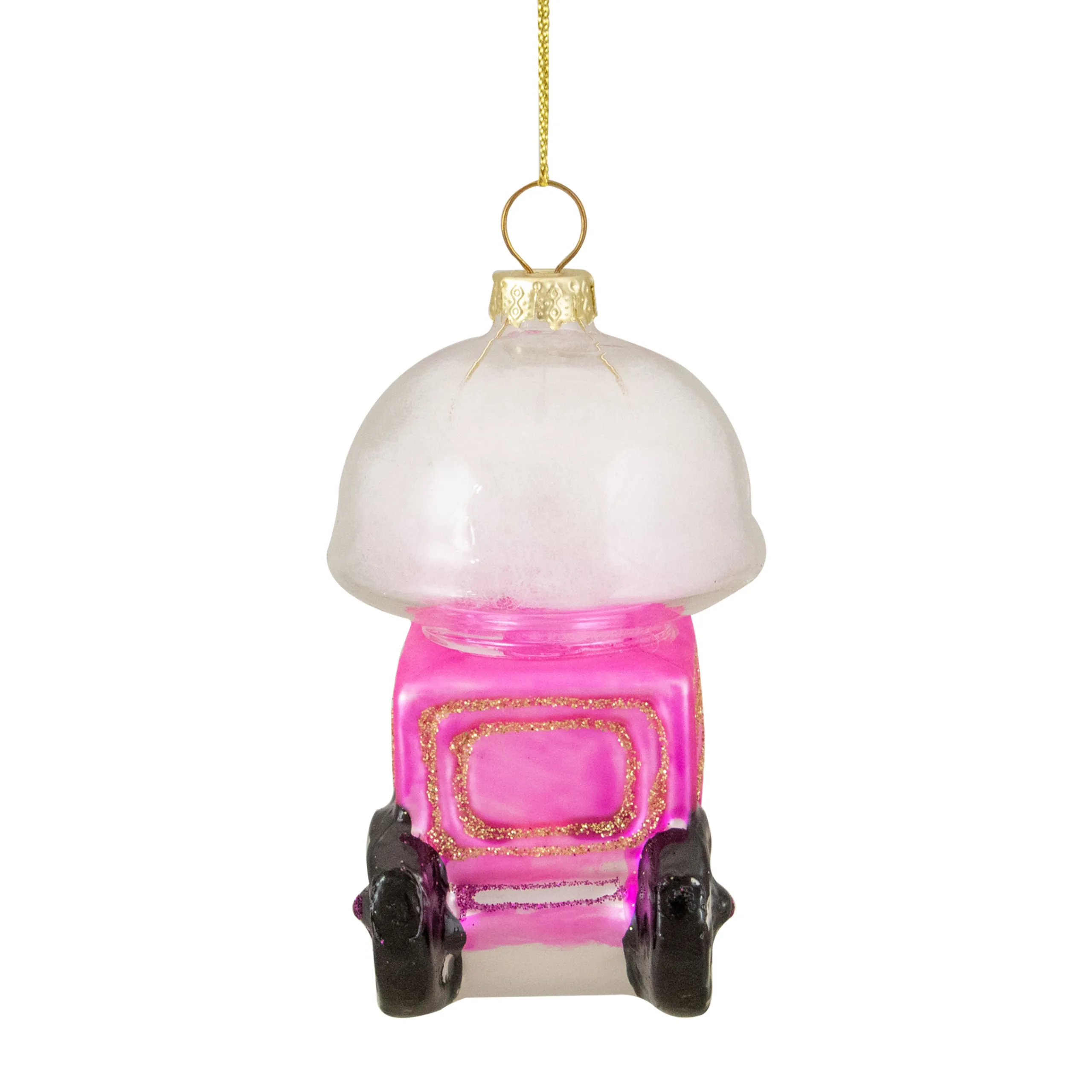 Northlight Food & Beverage>3.25" Pink, White, And Gold Cotton Candy Machine Glass Christmas Ornament