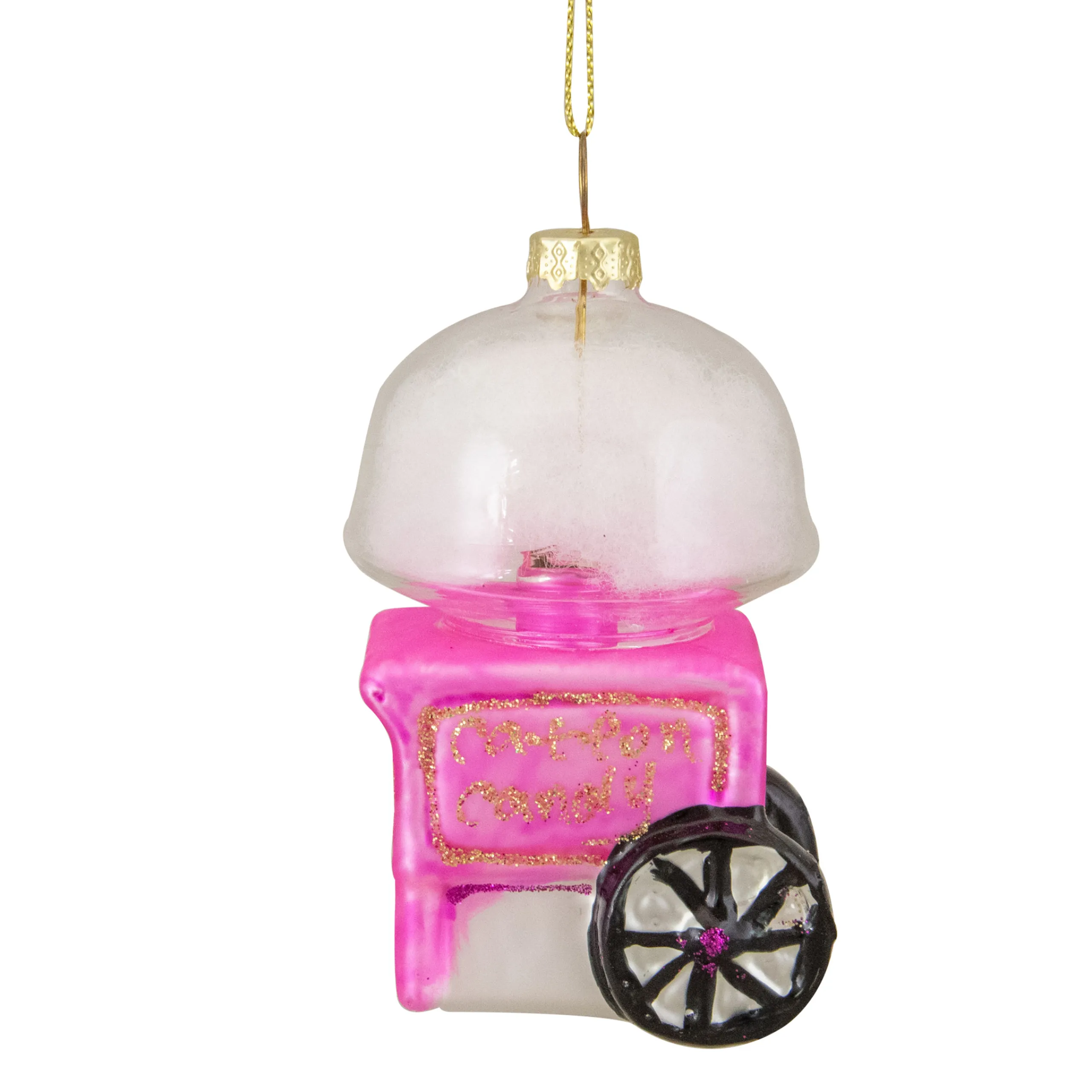 Northlight Food & Beverage>3.25" Pink, White, And Gold Cotton Candy Machine Glass Christmas Ornament
