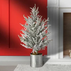 Contemporary Home Living 3 And 3.5 Feet Tall>3' Potted Flock Norfolk Outdoor Artificial Christmas Tree, Unlit