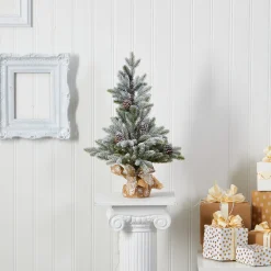 Nearly Natural Unlit Traditional Trees>2' Potted Flocked Artificial Christmas Tree With Pinecones, Unlit