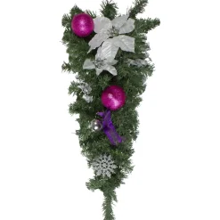Unlit Teardrops*Northlight 24" Pre-Decorated Pink Ball Ornament And Poinsettia Artificial Christmas Teardrop Swag, Unlit