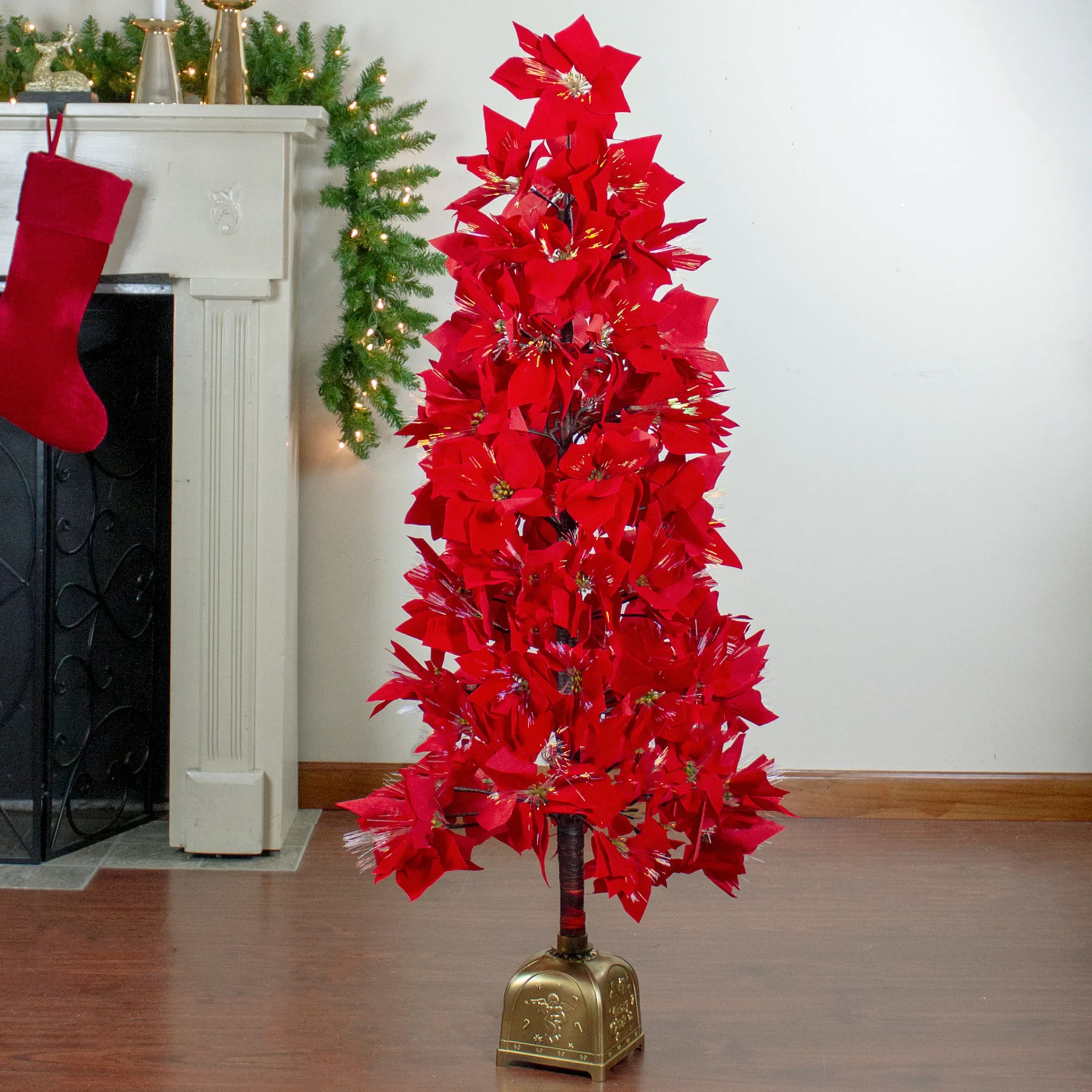Northlight Fiber Optic Trees>4' Pre-Lit Fiber Optic Color Changing Red Poinsettia Christmas Tree