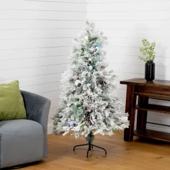 Nearly Natural 5 And 5.5 Feet Tall>5' Pre-Lit Flocked Fiber Optic Artificial Christmas Tree, Multicolor Led Lights