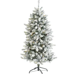 Nearly Natural 5 And 5.5 Feet Tall>5' Pre-Lit Flocked Livingston Fir Artificial Christmas Tree, Warm Clear Led Lights
