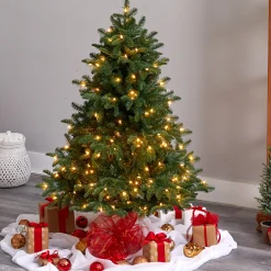 Nearly Natural 5 And 5.5 Feet Tall>5' Pre-Lit Flocked North Carolina Fir Artificial Christmas Tree, Warm White Lights