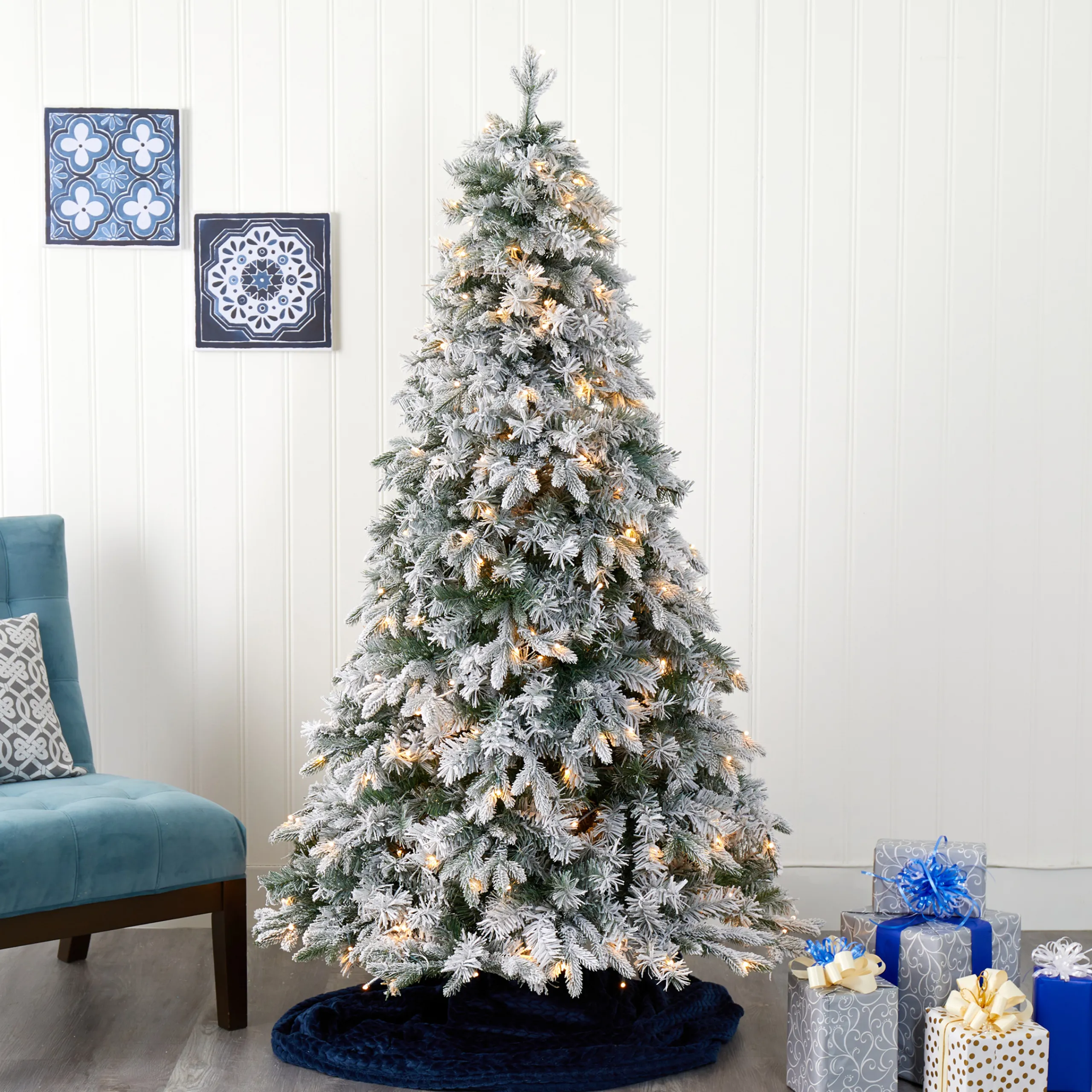 Nearly Natural 5 And 5.5 Feet Tall>5' Pre-Lit Flocked Vermont Pine Artificial Christmas Tree, Warm Clear Led Lights