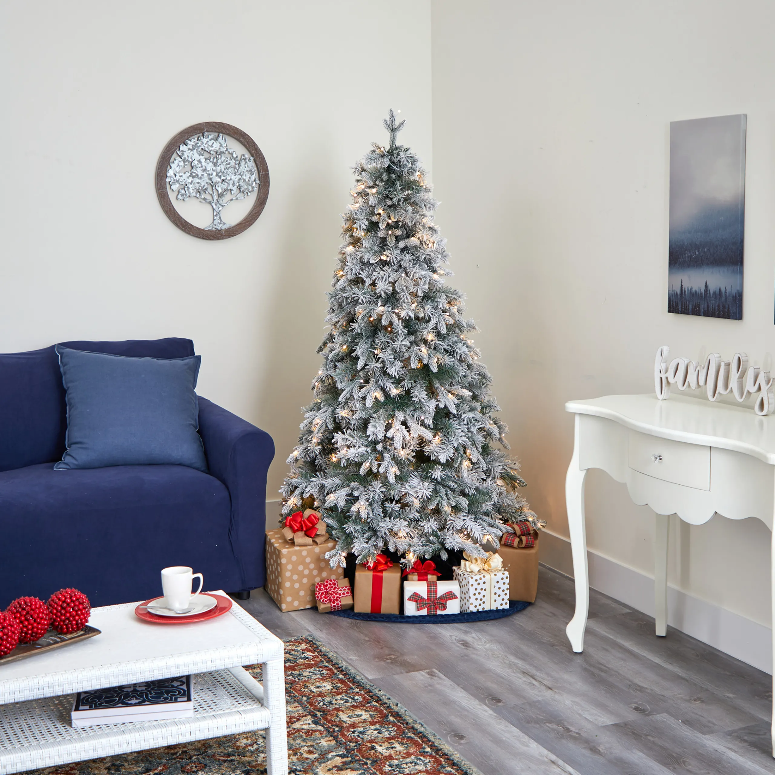 Nearly Natural 5 And 5.5 Feet Tall>5' Pre-Lit Flocked Vermont Pine Artificial Christmas Tree, Warm Clear Led Lights