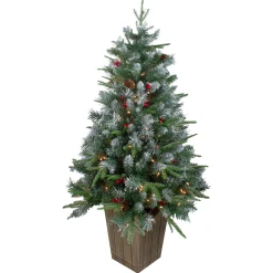 Northlight 4 And 4.5 Feet Tall>4' Pre-Lit Frosted Mixed Berry Pine Artificial Christmas Tree In Pot - Clear Lights