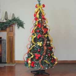 Northlight 6 And 6.5 Feet Tall>6' Pre-Lit Gold And Red Pre-Decorated Pop-Up Artificial Christmas Tree, Clear Lights