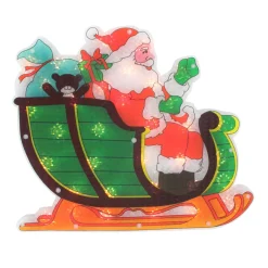 Window Decorations*Northlight 17" Pre-Lit Green And Red Holographic Santa In Sleigh Christmas Window Silhouette Decoration