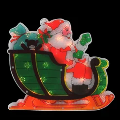 Window Decorations*Northlight 17" Pre-Lit Green And Red Holographic Santa In Sleigh Christmas Window Silhouette Decoration