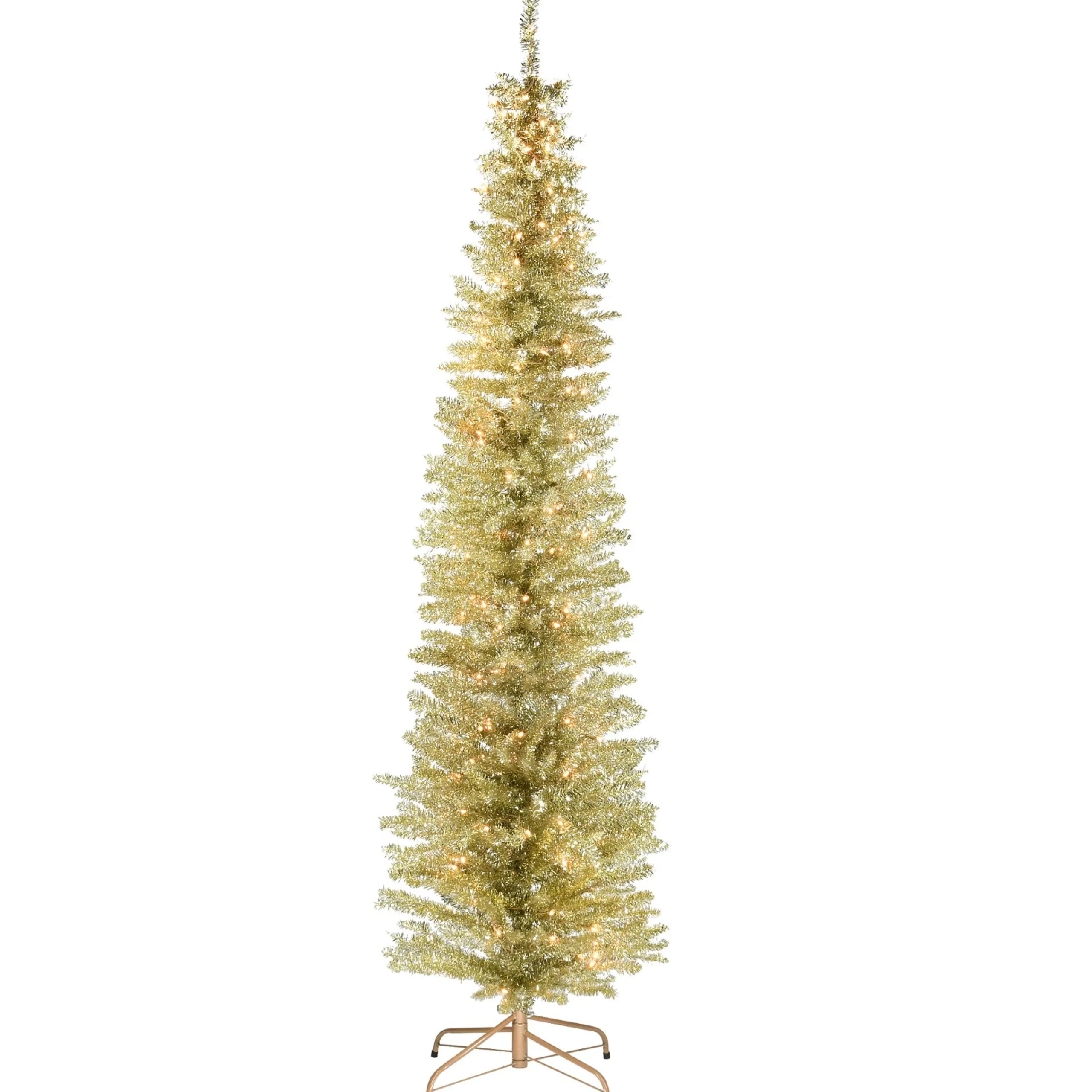 National Tree Company Gold Trees>7' Pre-Lit Pencil Champagne Gold Tinsel Artificial Christmas Tree, White Lights