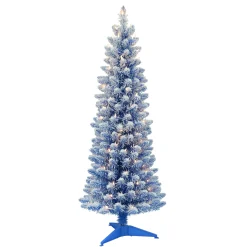 CC Christmas Decor 4 And 4.5 Feet Tall>4.5' Pre-Lit Pencil Flocked Blue Artificial Christmas Tree, Clear Lights