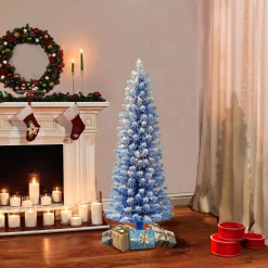 CC Christmas Decor 4 And 4.5 Feet Tall>4.5' Pre-Lit Pencil Flocked Blue Artificial Christmas Tree, Clear Lights