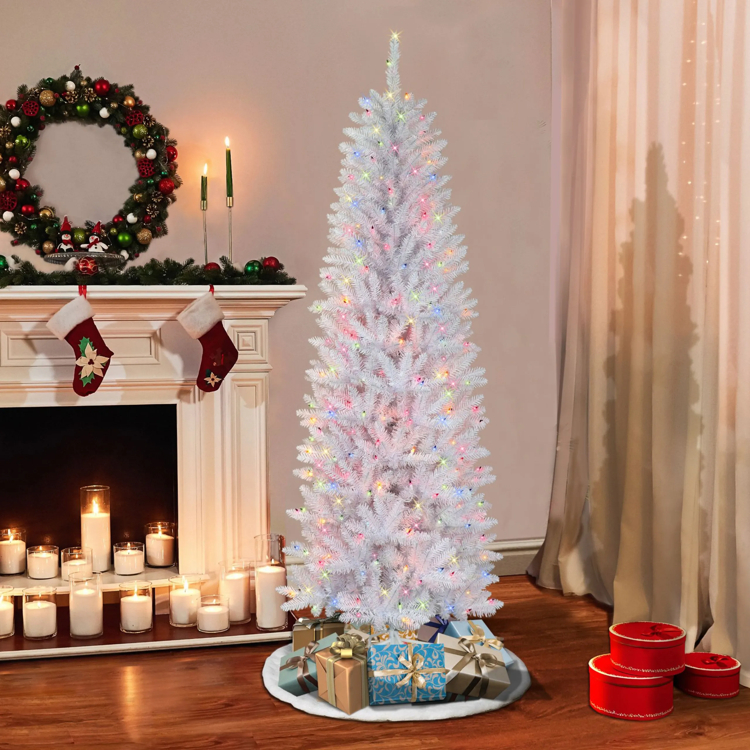 CC Christmas Decor Pre-Lit Traditional Trees>6.5' Pre-Lit Pencil Fraser Fir Artificial Christmas Tree, Multi-Color Lights