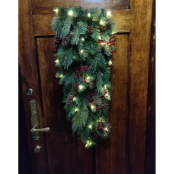 Pre-Lit Teardrops*Celestial Lights 32" Pre-Lit Pine Artificial Christmas Teardrop Swag, Warm White And Multi Led Lights