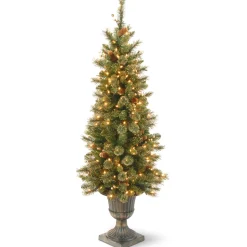 National Tree Company Potted Trees>4' Pre-Lit Potted Berries And Cones Medium Artificial Christmas Tree, Clear Lights