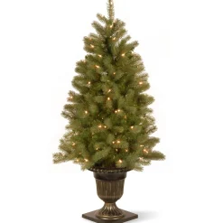 National Tree Company Potted Trees>4' Pre-Lit Potted Downswept Fir Artificial Christmas Tree, Clear Lights