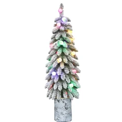CC Christmas Decor Potted Trees>4' Pre-Lit Potted Flocked Alpine Pencil Artificial Christmas Tree, Multicolor Lights