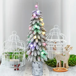 CC Christmas Decor Potted Trees>4' Pre-Lit Potted Flocked Alpine Pencil Artificial Christmas Tree, Multicolor Lights