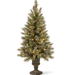 National Tree Company Potted Trees>5' Pre-Lit Potted Glittery Bristle Artificial Christmas Tree, Clear Lights