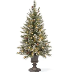 National Tree Company Potted Trees>4' Pre-Lit Potted Glittery Bristle Christmas Tree, Clear Lights