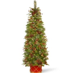National Tree Company Potted Trees>6' Pre-Lit Potted Pencil Colonial Fir Artificial Christmas Half Wall Tree, Clear Lights