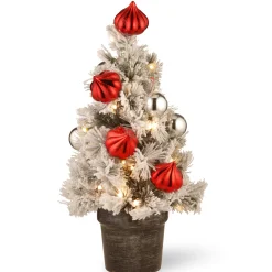 National Tree Company Potted Trees>2' Pre-Lit Potted Snowy Bristle Pine Medium Artificial Tabletop Christmas Tree, White Led Lights