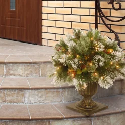 National Tree Company Potted Trees>2' Pre-Lit Potted Wintry Pine Porch Bush Artificial Christmas Tree, Clear Lights