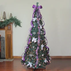 Northlight 6 And 6.5 Feet Tall>6' Pre-Lit Purple And Silver Pre-Decorated Pop-Up Artificial Christmas Tree, Clear Lights