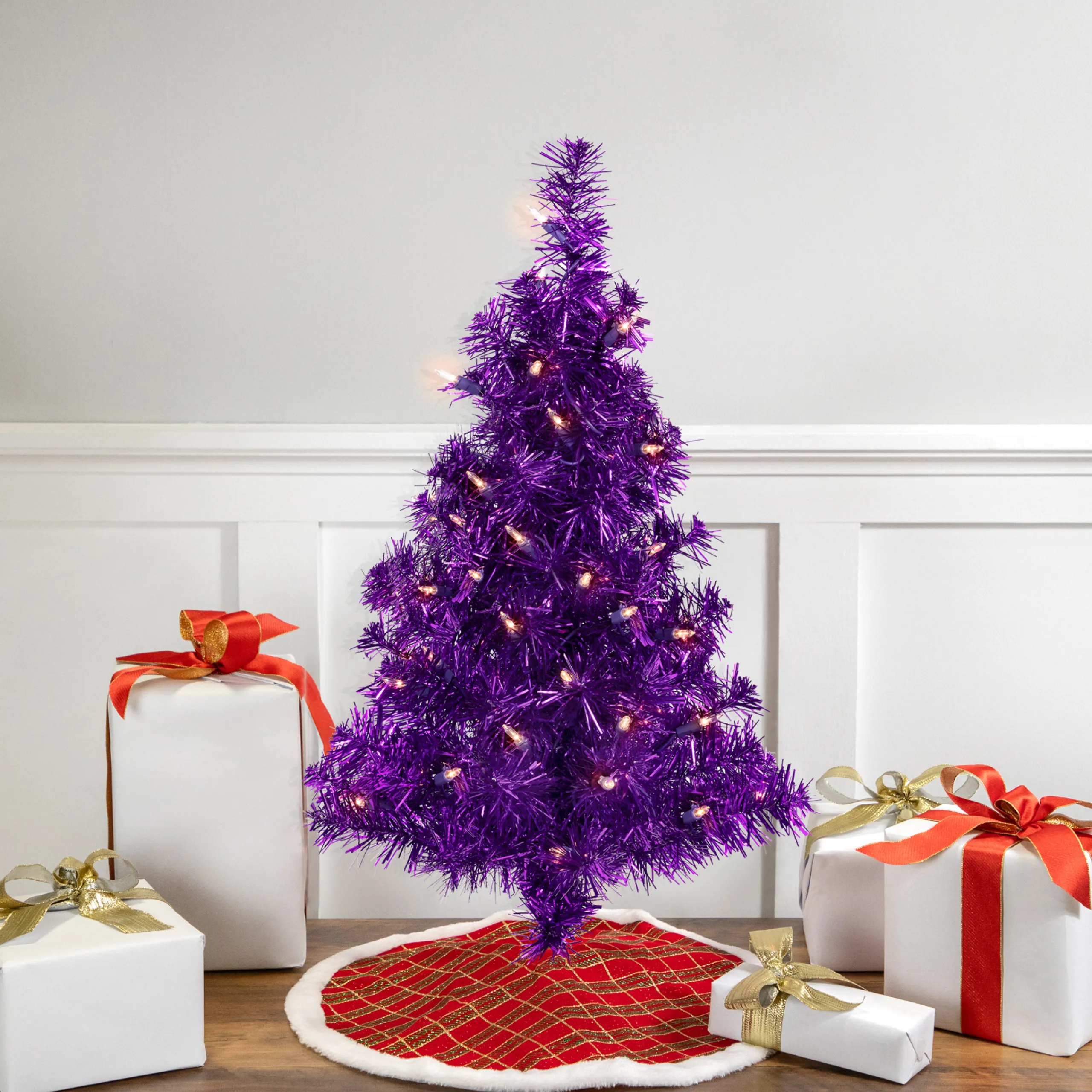 Northlight 2.5 Feet Tall And Smaller>2' Pre-Lit Purple Iridescent Pine Artificial Tinsel Christmas Tree - Clear Lights