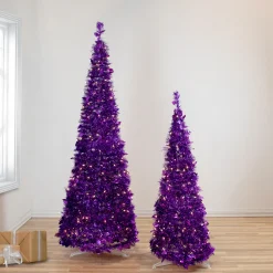 Northlight Pop Up Trees>4' Pre-Lit Purple Tinsel Pop-Up Artificial Christmas Tree, Clear Lights