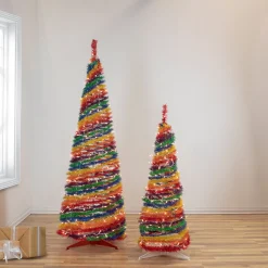 Northlight Pop Up Trees>6' Pre-Lit Rainbow Tinsel Pop-Up Artificial Christmas Tree, Clear Lights